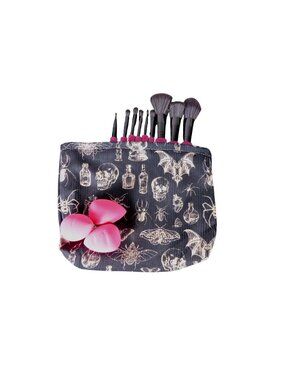 Skull & Insect Gothic Makeup Bag With Zipper Black Fabric Spooky Pattern Medium